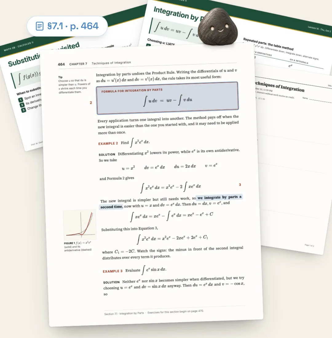 A citation chip reading section 7.1, page 464, above the student’s textbook page and lecture slides.