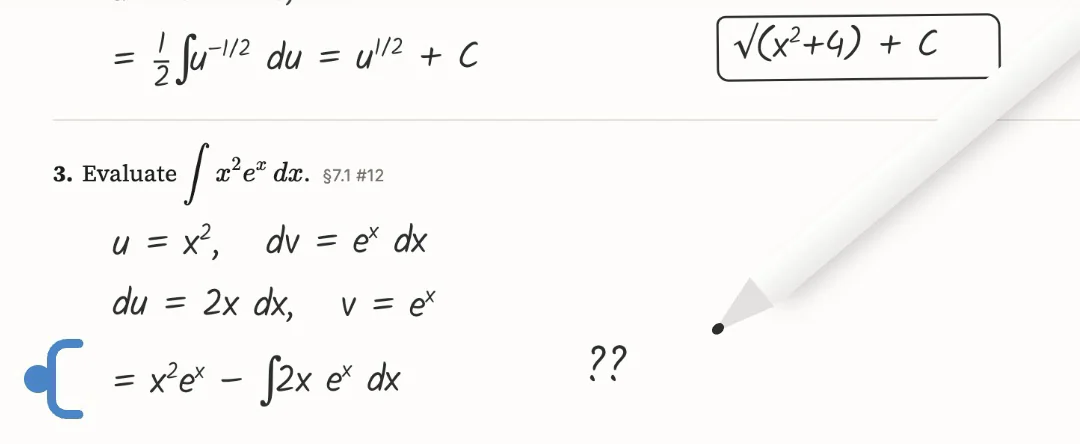 Handwritten integration by parts, with a blue Smudge bracket beside the line the student asked about.
